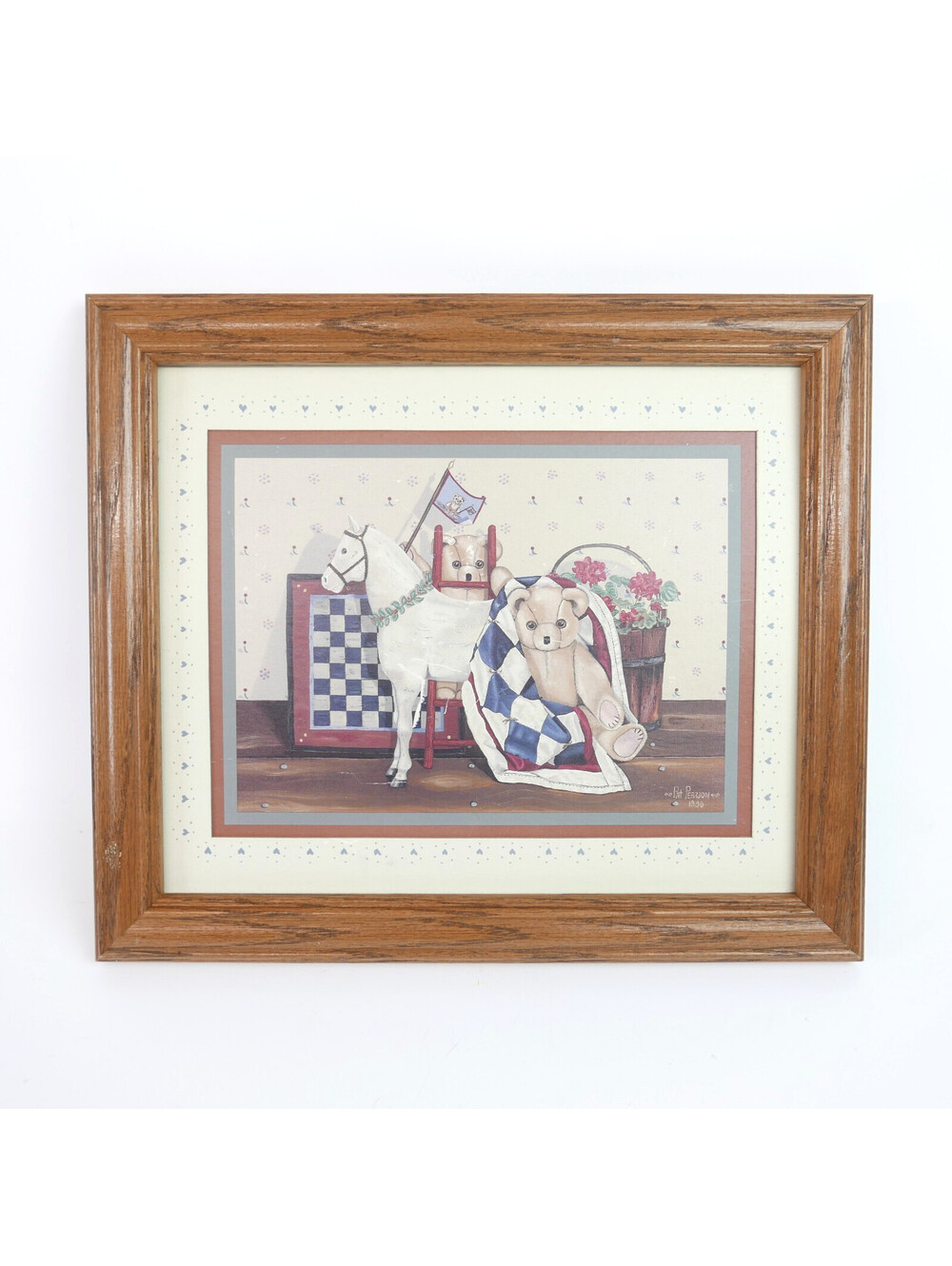 Vintage Pat Pearson Horse and Teddy Bears Country Folk Art Print Oak Frame 1990